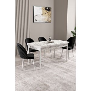Milas Beyaz Mermer Desen 80x132 Açılabilir Mdf Masa Yemek Odası Takımı, Mutfak Takımı 4 sandalye Siyah