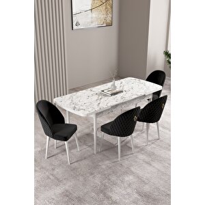Milas Beyaz Mermer Desen 80x132 Açılabilir Mdf Masa Yemek Odası Takımı, Mutfak Takımı 4 sandalye Siyah