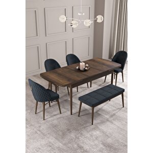 Calvin Barok 80x132 Açılabilir Mdf Masa Yemek Odası Takımı, Mutfak Takımı 4 Sandalye, 1 Bench Antrasit