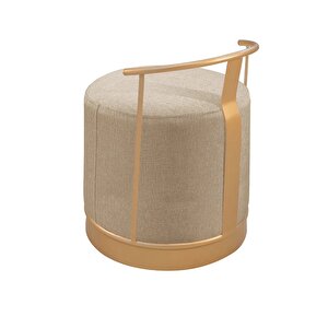 Pufi Puf Gold Metal Çerçeveli  Keten Çok Amaçlı Dekoratif Oturak, Makyaj Oturağı,montajsız Puf Bench Cappuccino