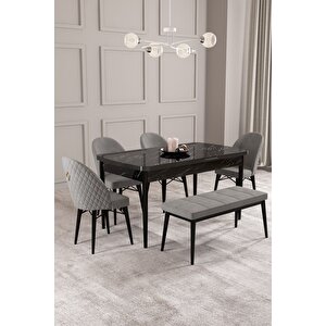 Calvin Siyah Mermer 80x132 Açılabilir Mdf Masa Yemek Odası Takımı, Mutfak Takımı 4 Adet Sandalye, 1 Bench Gri