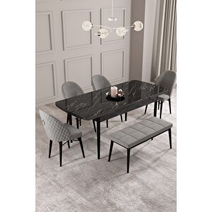 Calvin Siyah Mermer 80x132 Açılabilir Mdf Masa Yemek Odası Takımı, Mutfak Takımı 4 Adet Sandalye, 1 Bench Gri