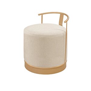 Pufi Puf Gold Metal Çerçeveli  Keten Çok Amaçlı Dekoratif Oturak, Makyaj Oturağı,montajsız Puf Bench Krem