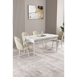 Milas Beyaz Mermer Desen 80x132 Açılabilir Mdf Masa Yemek Odası Takımı, Mutfak Takımı 4 sandalye Krem