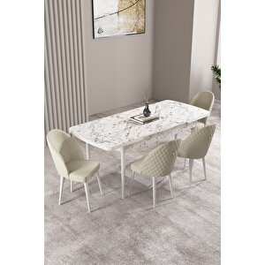 Milas Beyaz Mermer Desen 80x132 Açılabilir Mdf Masa Yemek Odası Takımı, Mutfak Takımı 4 sandalye Krem