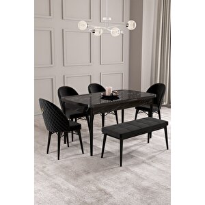 Calvin Siyah Mermer 80x132 Açılabilir Mdf Masa Yemek Odası Takımı, Mutfak Takımı 4 Adet Sandalye, 1 Bench Siyah