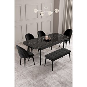 Calvin Siyah Mermer 80x132 Açılabilir Mdf Masa Yemek Odası Takımı, Mutfak Takımı 4 Adet Sandalye, 1 Bench Siyah