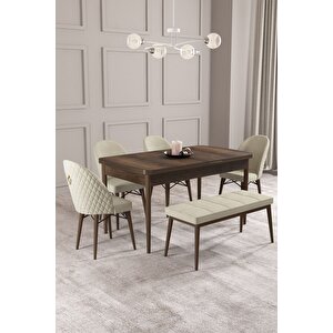 Calvin Barok 80x132 Açılabilir Mdf Masa Yemek Odası Takımı, Mutfak Takımı 4 Sandalye, 1 Bench Krem