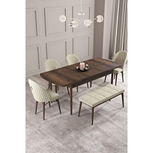 Calvin Barok 80x132 Açılabilir Mdf Masa Yemek Odası Takımı, Mutfak Takımı 4 Sandalye, 1 Bench Krem