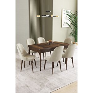 Ikon Barok Desen 80x132 Açılabilir Mdf Masa Yemek Odası Takımı, Mutfak Takımı 6 Adet Sandalye Krem