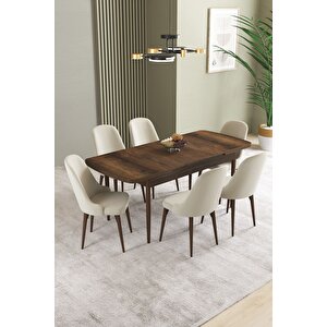 Ikon Barok Desen 80x132 Açılabilir Mdf Masa Yemek Odası Takımı, Mutfak Takımı 6 Adet Sandalye Krem