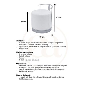 Pufi Puf Gold Metal Çerçeveli  Keten Çok Amaçlı Dekoratif Oturak, Makyaj Oturağı,montajsız Puf Bench
