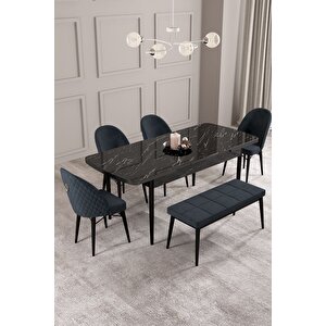 Calvin Siyah Mermer 80x132 Açılabilir Mdf Masa Yemek Odası Takımı, Mutfak Takımı 4 Adet Sandalye, 1 Bench Antrasit