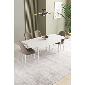 Ikon Beyaz 80x132 Açılabilir Mdf Masa Yemek Odası Takımı, Mutfak Takımı 4 Adet Sandalye Cappuccino