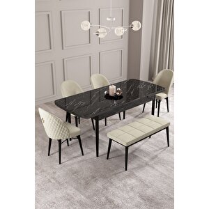 Calvin Siyah Mermer 80x132 Açılabilir Mdf Masa Yemek Odası Takımı, Mutfak Takımı 4 Adet Sandalye, 1 Bench Krem