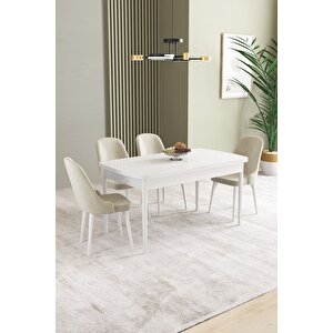 Ikon Beyaz 80x132 Açılabilir Mdf Masa Yemek Odası Takımı, Mutfak Takımı 4 Adet Sandalye Krem
