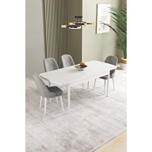 Ikon Beyaz 80x132 Açılabilir Mdf Masa Yemek Odası Takımı, Mutfak Takımı 4 Adet Sandalye Gri