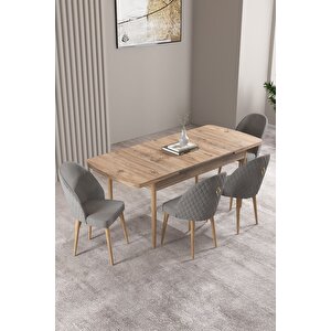 Milas Atlantik Çam 80x132 Açılabilir Mdf Masa Yemek Odası Takımı, Mutfak Takımı 4 adet Sandalye Gri