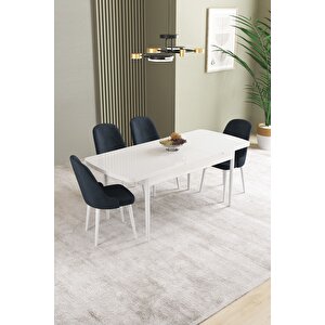 Ikon Beyaz 80x132 Açılabilir Mdf Masa Yemek Odası Takımı, Mutfak Takımı 4 Adet Sandalye Antrasit