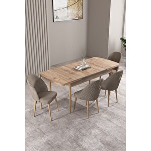 Milas Atlantik Çam 80x132 Açılabilir Mdf Masa Yemek Odası Takımı, Mutfak Takımı 4 adet Sandalye Cappuccino