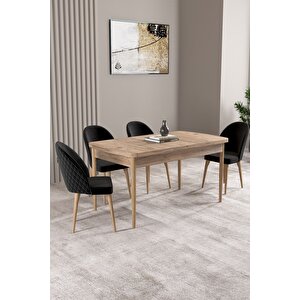 Milas Atlantik Çam 80x132 Açılabilir Mdf Masa Yemek Odası Takımı, Mutfak Takımı 4 adet Sandalye Siyah