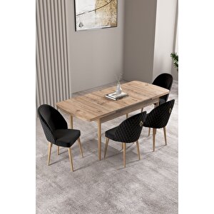 Milas Atlantik Çam 80x132 Açılabilir Mdf Masa Yemek Odası Takımı, Mutfak Takımı 4 adet Sandalye Siyah