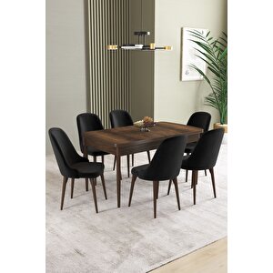 Ikon Barok Desen 80x132 Açılabilir Mdf Masa Yemek Odası Takımı, Mutfak Takımı 6 Adet Sandalye Siyah