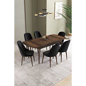 Ikon Barok Desen 80x132 Açılabilir Mdf Masa Yemek Odası Takımı, Mutfak Takımı 6 Adet Sandalye Siyah