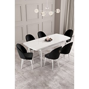 Calvin Beyaz 80x132 Açılabilir Mdf Masa Yemek Odası Takımı, Mutfak Takımı 6 Adet Sandalye Siyah