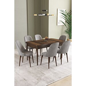 Ikon Barok Desen 80x132 Açılabilir Mdf Masa Yemek Odası Takımı, Mutfak Takımı 6 Adet Sandalye Gri