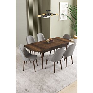 Ikon Barok Desen 80x132 Açılabilir Mdf Masa Yemek Odası Takımı, Mutfak Takımı 6 Adet Sandalye Gri