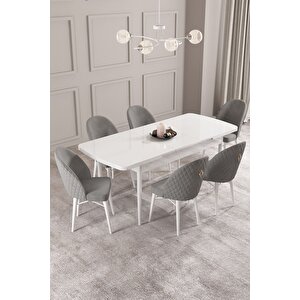 Calvin Beyaz 80x132 Açılabilir Mdf Masa Yemek Odası Takımı, Mutfak Takımı 6 Adet Sandalye Gri