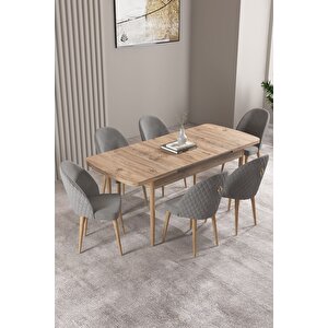 Milas Atlantik Çam 80x132 Açılabilir Mdf Masa Yemek Odası Takımı, Mutfak Takımı 6 Adet Sandalye Gri