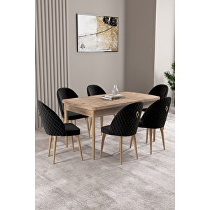 Milas Atlantik Çam 80x132 Açılabilir Mdf Masa Yemek Odası Takımı, Mutfak Takımı 6 Adet Sandalye Siyah
