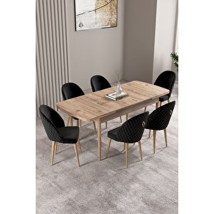 Milas Atlantik Çam 80x132 Açılabilir Mdf Masa Yemek Odası Takımı, Mutfak Takımı 6 Adet Sandalye Siyah