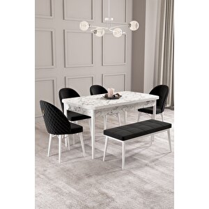 Calvin Beyaz Mermer 80x132 Açılabilir Mdf Masa Yemek Odası Takımı, Mutfak Takımı 4 Adet Sandalye, 1 Bench​​​​​​​ Siyah