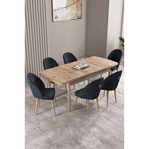 Milas Atlantik Çam 80x132 Açılabilir Mdf Masa Yemek Odası Takımı, Mutfak Takımı 6 Adet Sandalye Antrasit