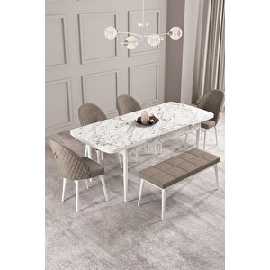 Calvin Beyaz Mermer 80x132 Açılabilir Mdf Masa Yemek Odası Takımı, Mutfak Takımı 4 Adet Sandalye, 1 Bench​​​​​​​ Cappuccino