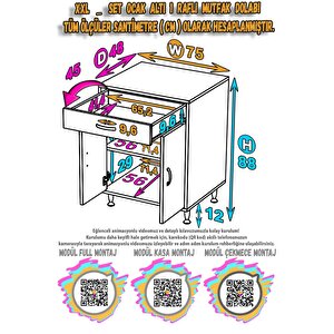 Qplas (xxl) Ocak Altı 1 Çekmece Ve Kapaklı 1 Raflı Set 75 Cm Genişlik 48 Cm Derinlik