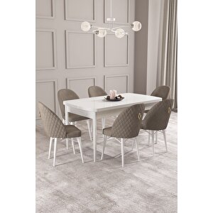 Calvin Beyaz 80x132 Açılabilir Mdf Masa Yemek Odası Takımı, Mutfak Takımı 6 Adet Sandalye Cappuccino