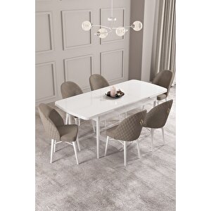 Calvin Beyaz 80x132 Açılabilir Mdf Masa Yemek Odası Takımı, Mutfak Takımı 6 Adet Sandalye Cappuccino
