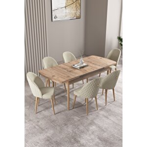 Milas Atlantik Çam 80x132 Açılabilir Mdf Masa Yemek Odası Takımı, Mutfak Takımı 6 Adet Sandalye Krem