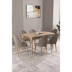 Milas Atlantik Çam 80x132 Açılabilir Mdf Masa Yemek Odası Takımı, Mutfak Takımı 6 Adet Sandalye Cappuccino