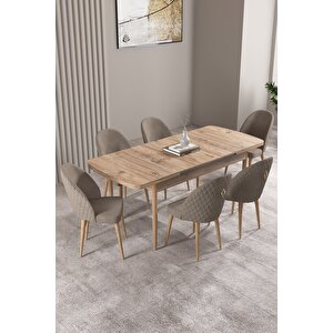 Milas Atlantik Çam 80x132 Açılabilir Mdf Masa Yemek Odası Takımı, Mutfak Takımı 6 Adet Sandalye Cappuccino