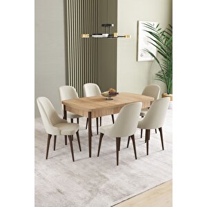 Ikon Meşe Desen 80x132 Açılabilir Mdf Masa Yemek Odası Takımı, Mutfak Takımı 6 Adet Sandalye Krem