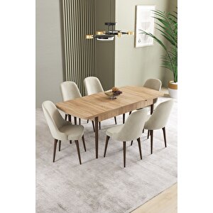 Ikon Meşe Desen 80x132 Açılabilir Mdf Masa Yemek Odası Takımı, Mutfak Takımı 6 Adet Sandalye Krem