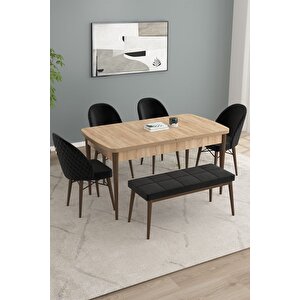 Calvin Meşe Desen 80x132 Açılabilir Mdf Masa Yemek Odası Takımı, Mutfak Takımı 4 Sandalye, 1 Bench Siyah