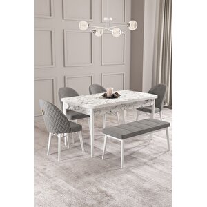 Calvin Beyaz Mermer 80x132 Açılabilir Mdf Masa Yemek Odası Takımı, Mutfak Takımı 4 Adet Sandalye, 1 Bench​​​​​​​ Gri