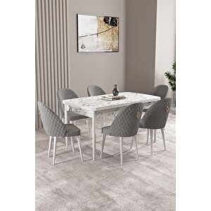 Milas Beyaz Mermer Desen 80x132 Açılabilir Mdf Masa Yemek Odası Takımı, Mutfak Takımı 6 sandalye Gri
