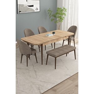 Calvin Meşe Desen 80x132 Açılabilir Mdf Masa Yemek Odası Takımı, Mutfak Takımı 4 Sandalye, 1 Bench Cappuccino